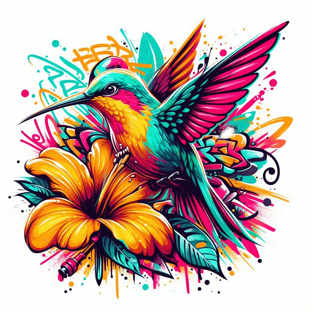 Graphic T-shirt featuring a colorful hummingbird surrounded by intricate floral designs, rendered in vibrant hues.