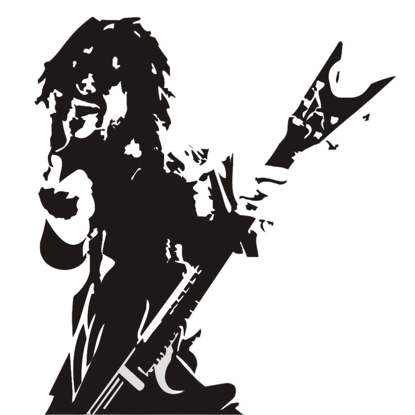 Black silhouette of a Dimebag Darrel playing an electric guitar on a white background