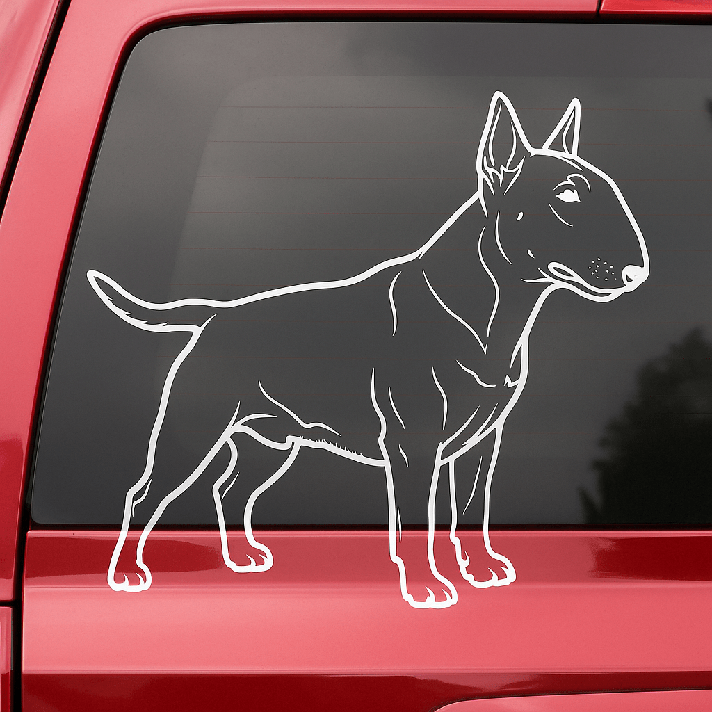 A white vinyl decal of a Bull Terrier is displayed on the rear tinted window of a red SUV.