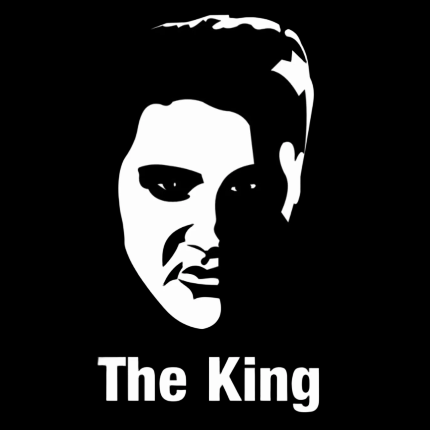 Black and white graphic of a face with 'The King' text below on a black background