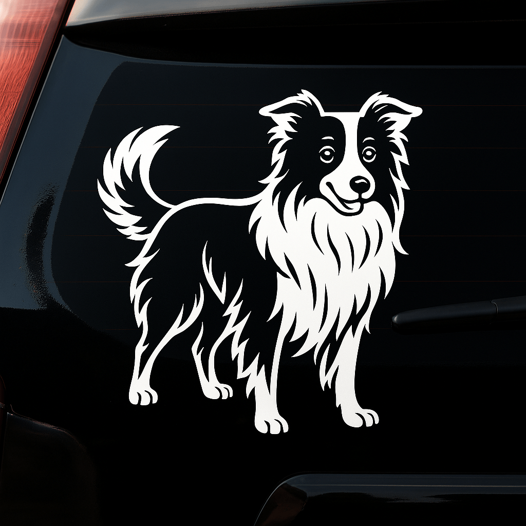 White decal-style illustration of a Border Collie, placed on the rear windshield of a black SUV. The dog design features clean, high-contrast lines and expressive detail, standing out crisply against the dark glass background