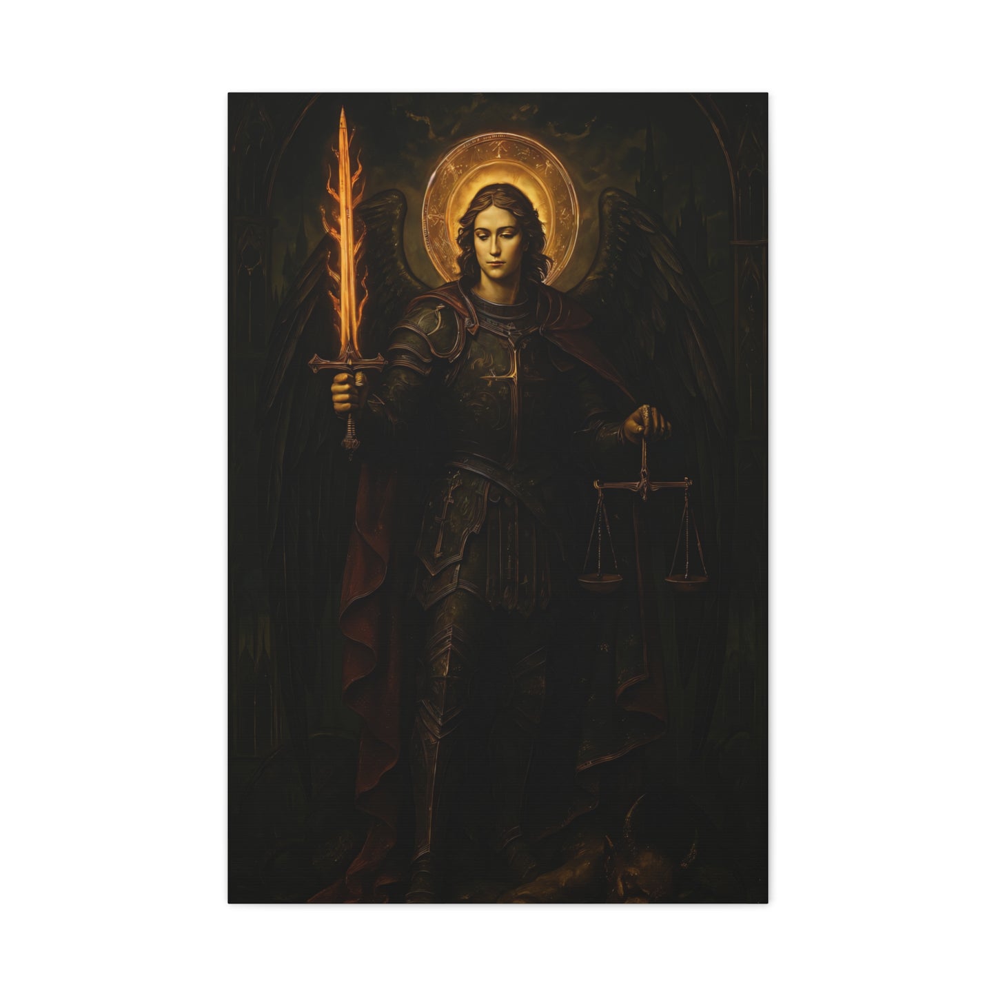 Painting of archangel Michael holding a sword and scales against a dark background