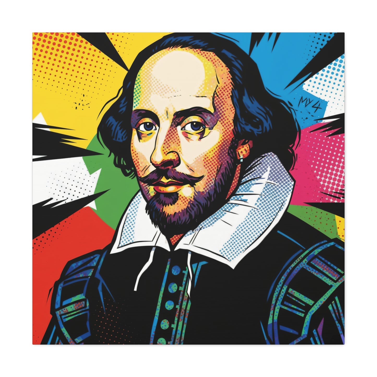 Colorful pop art style illustration of William Shakespeare with a colorful background