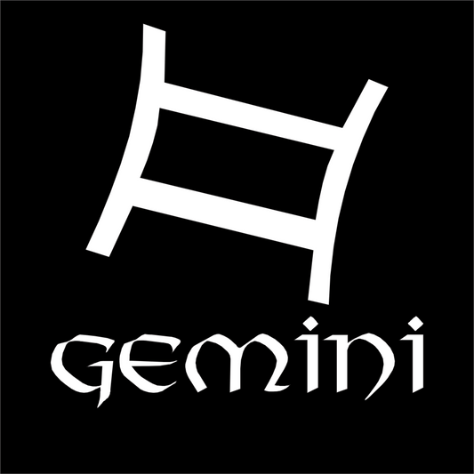 White astrological symbol for Gemini on a black background