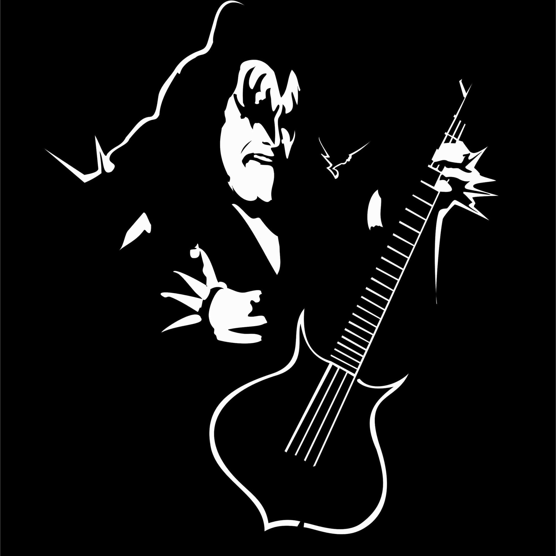 White silhouette of Gene Simmons playing an electric guitar on a black background