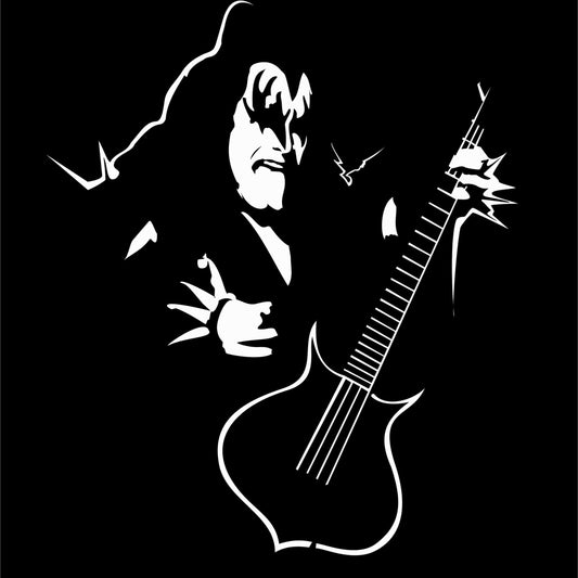 White silhouette of Gene Simmons playing an electric guitar on a black background