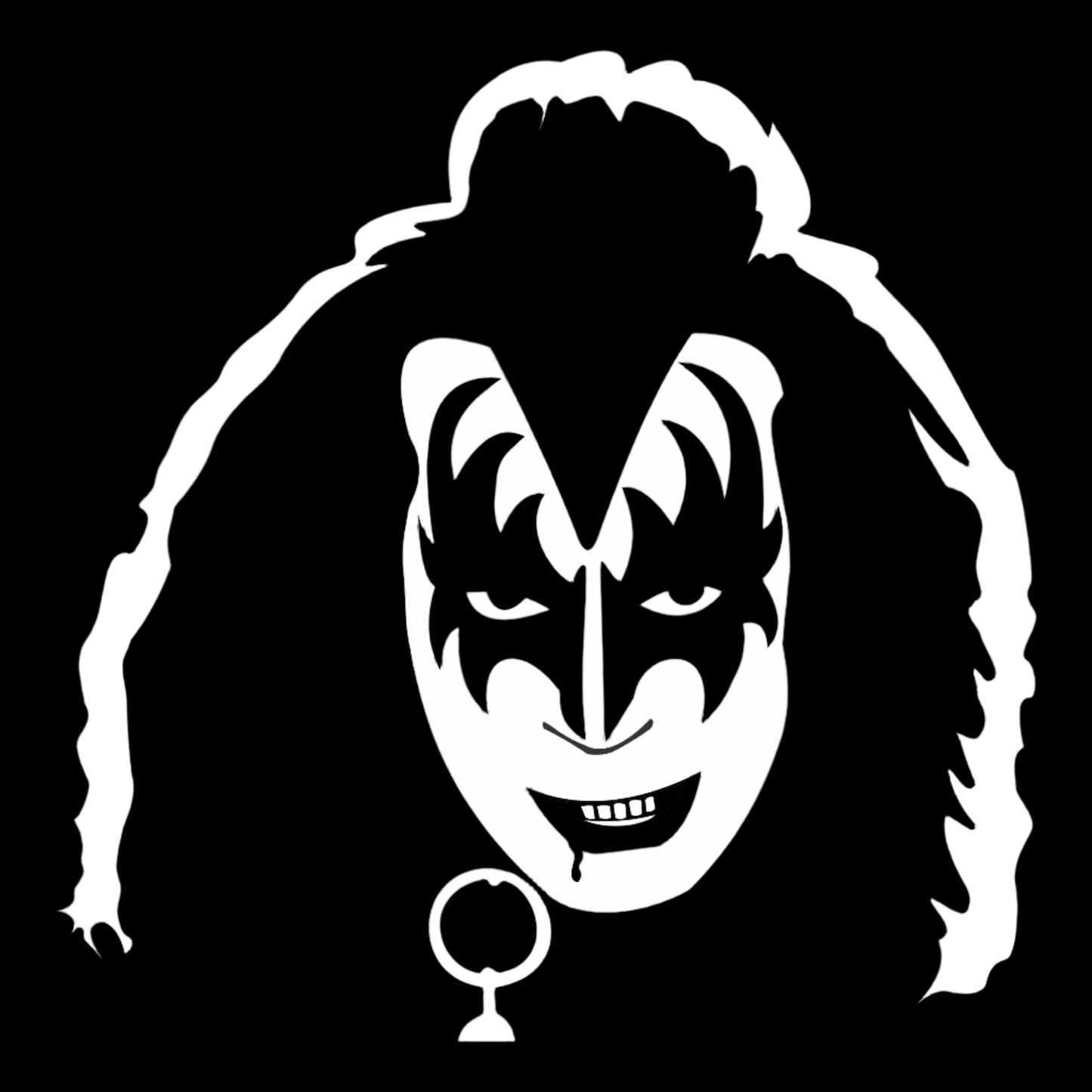White Gene Simmons design with long hair on a black background