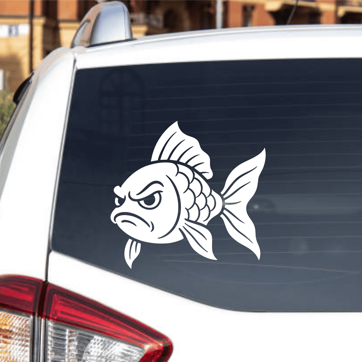 Car with a fish decal on the back window