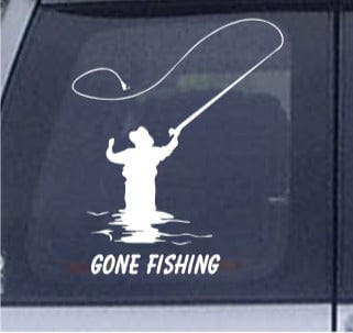 Decal of a fisherman with 'Gone Fishing' text on a car window.