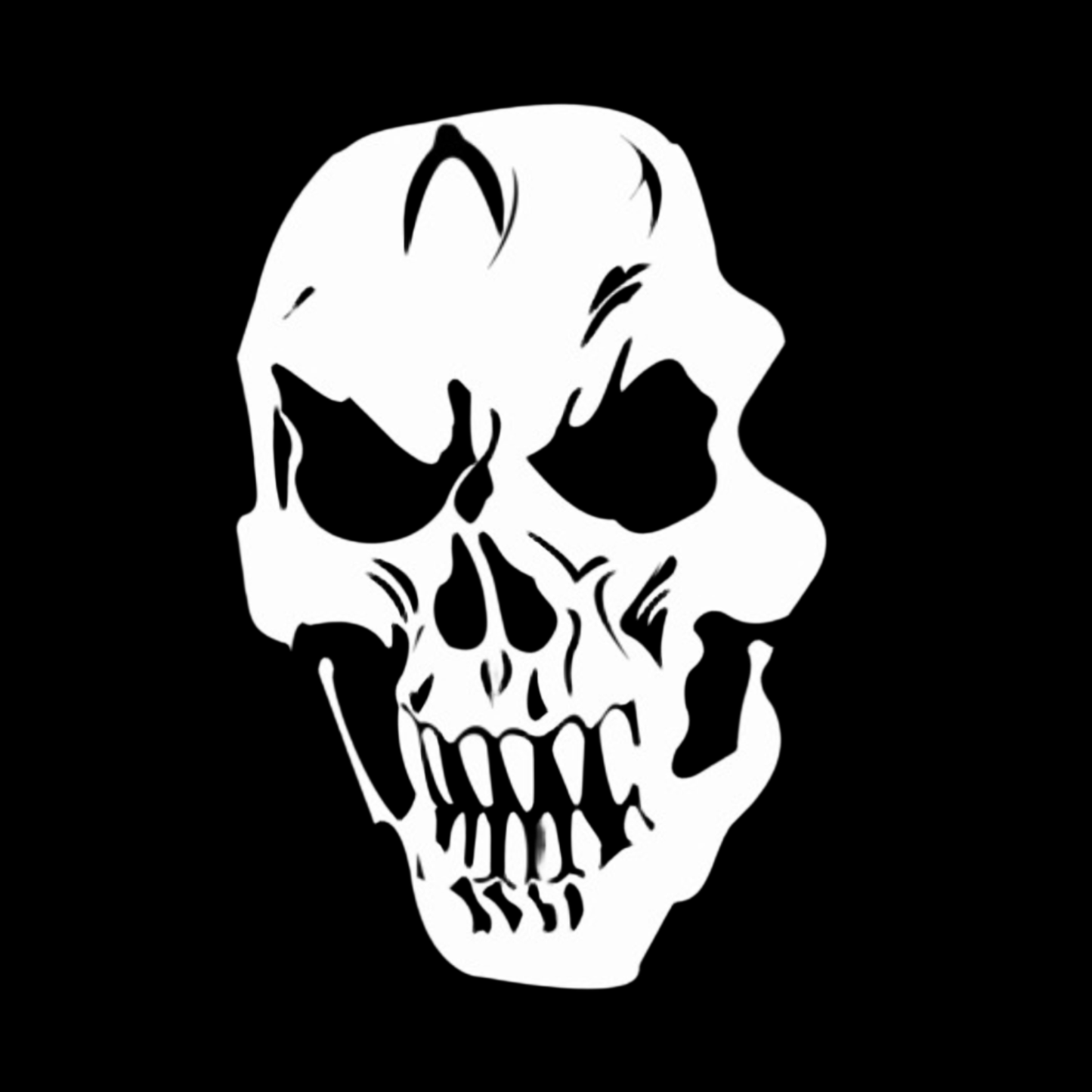 White skull design on a black background