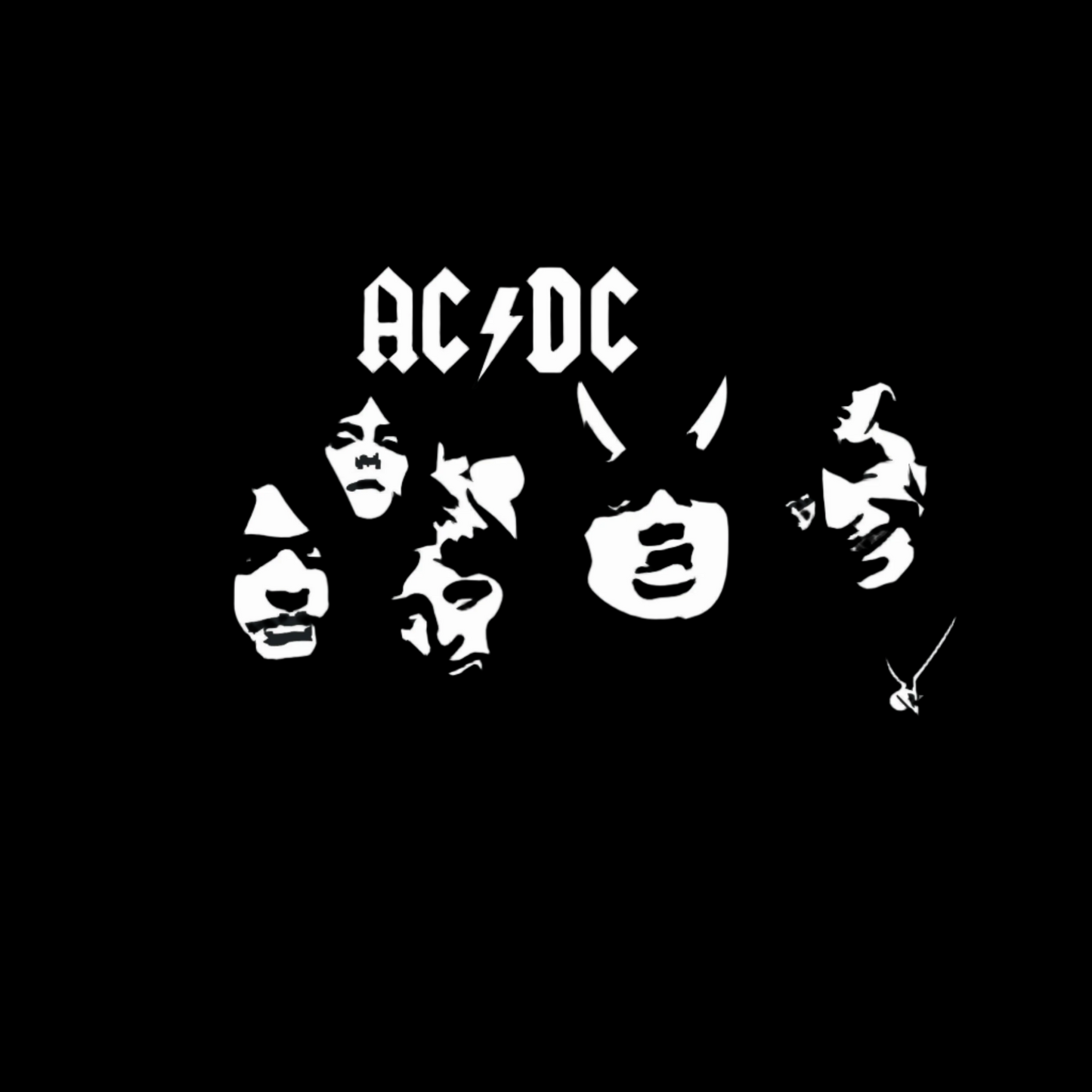 White AC/DC logo with band members' faces on a black background