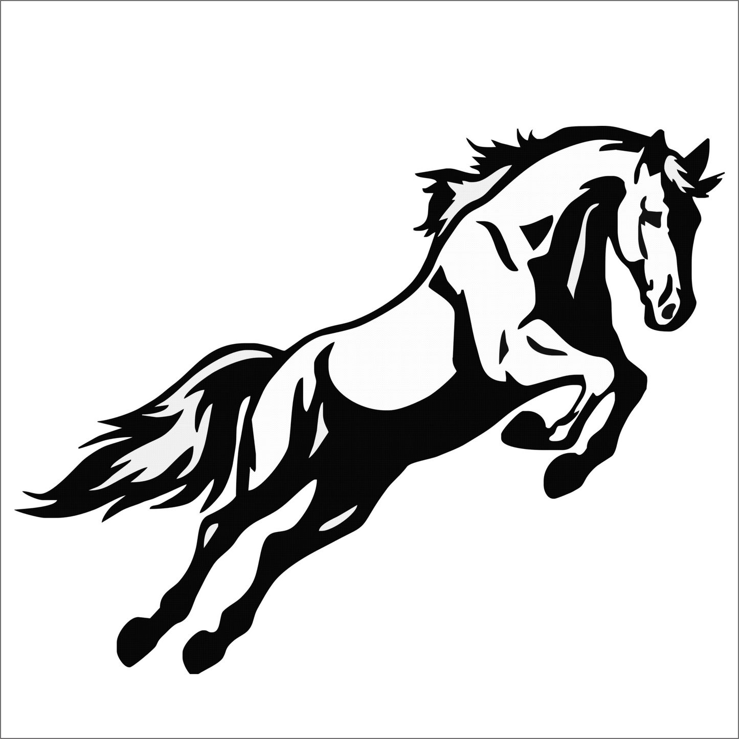 Black silhouette of a horse rearing on a white background
