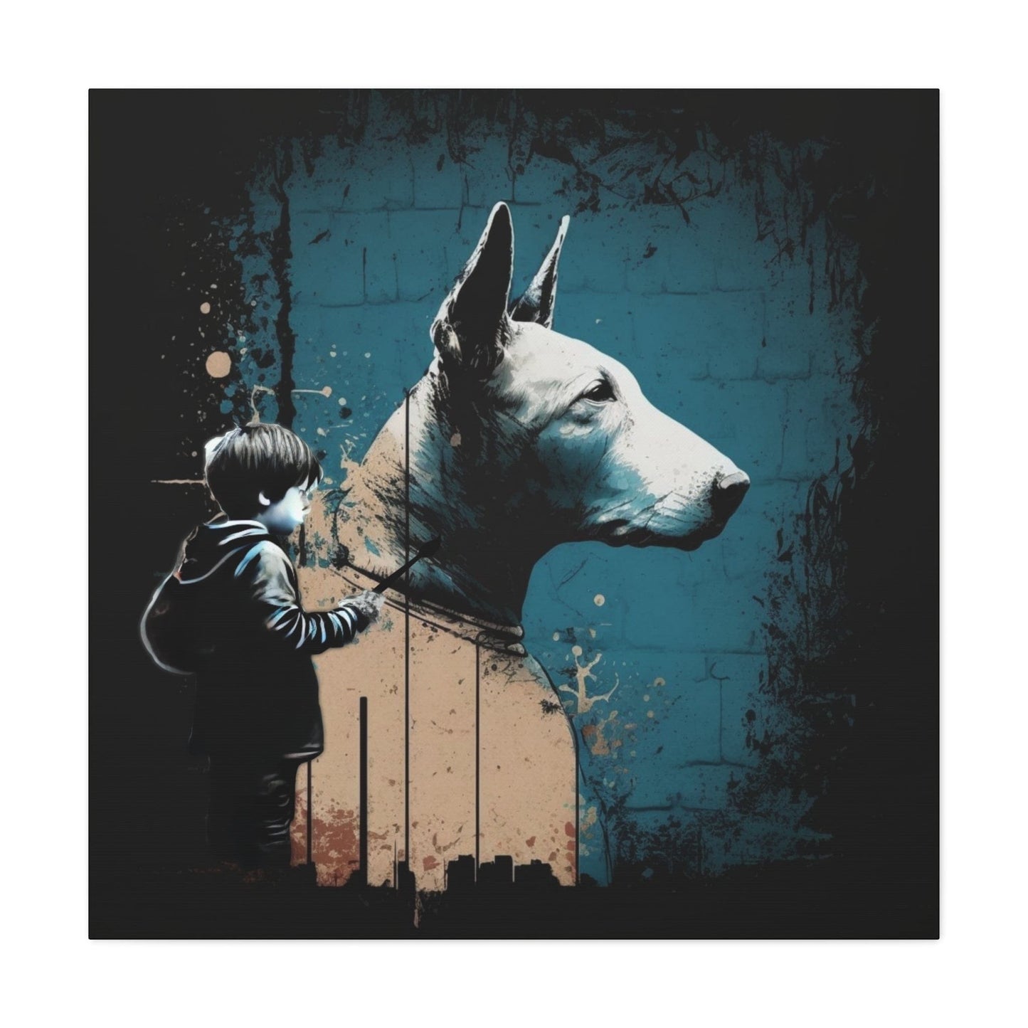 Illustration of a child painting a large Bull Terrier dog's face on a wall.