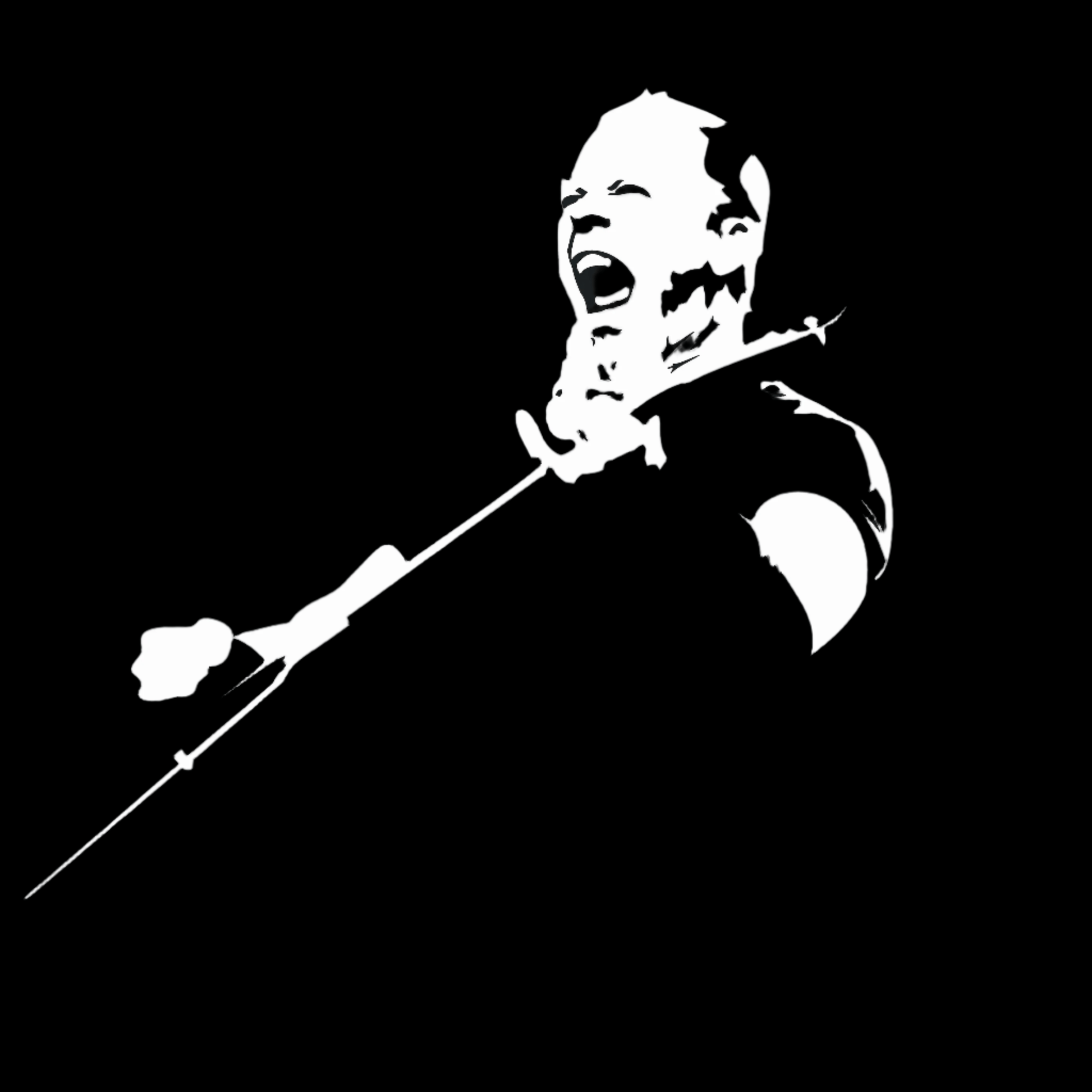 White silhouette of a James Hetfield playing guitar on a black background