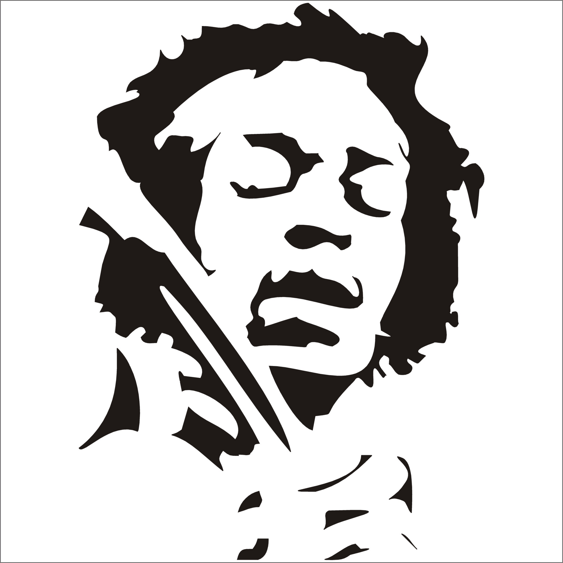 Black and white silhouette of Jimi Hendrix  white background