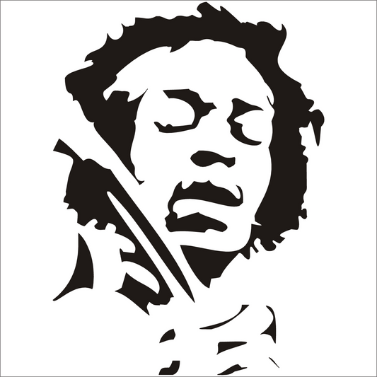 Black and white silhouette of Jimi Hendrix  white background