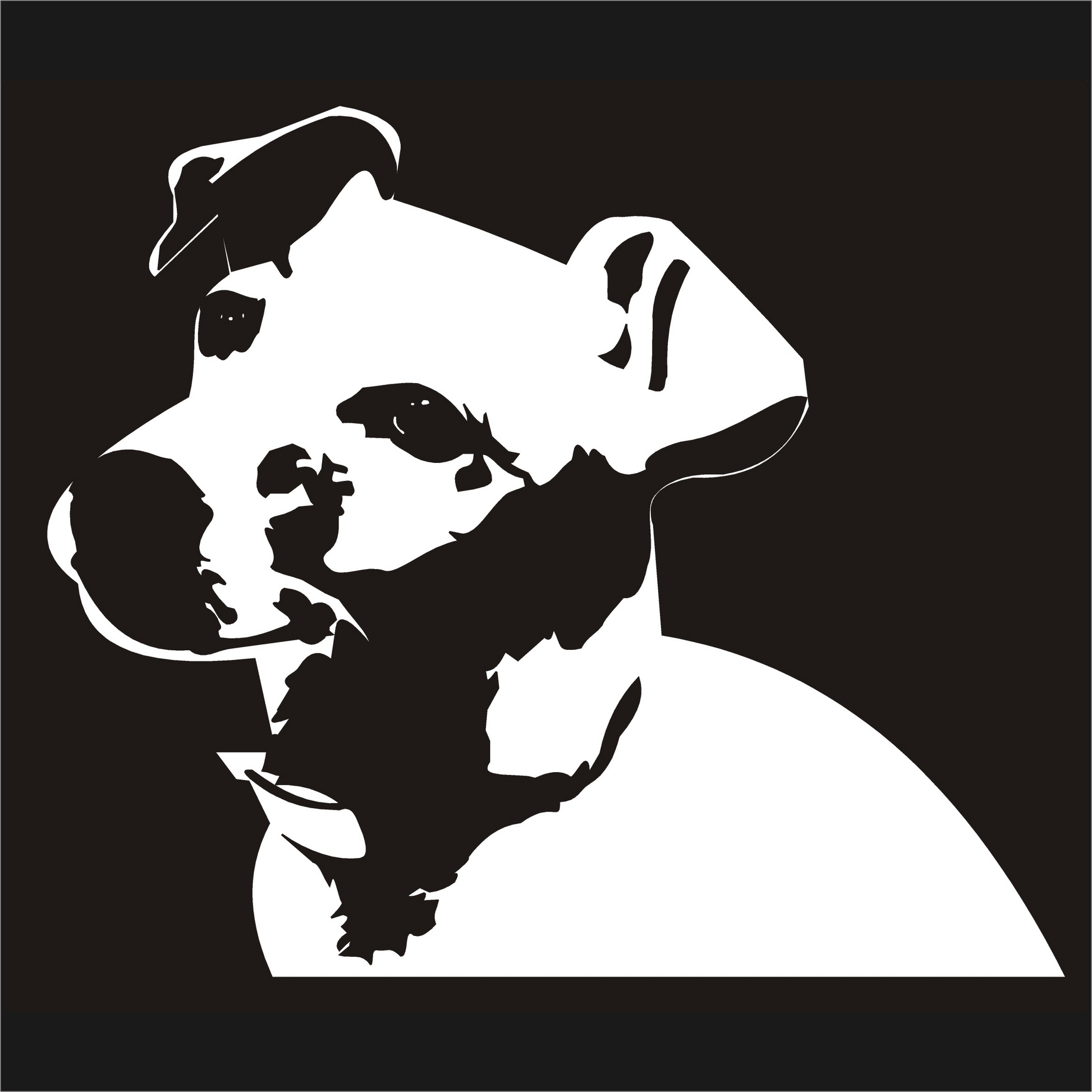 Black and white silhouette of a Jack Russell dog  on a black background