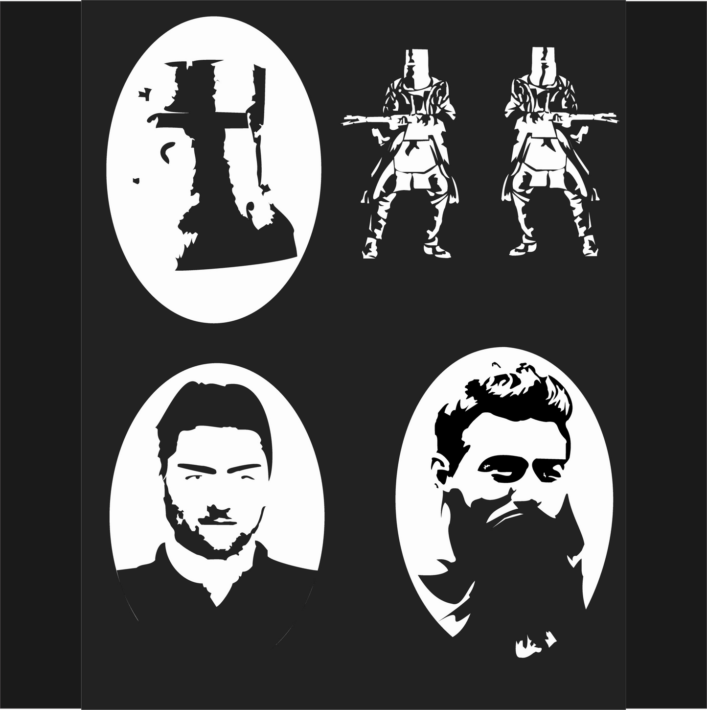 Set of white Ned Kelly silhouettes on a black background including a cross, two figures with weapons, and two portraits.