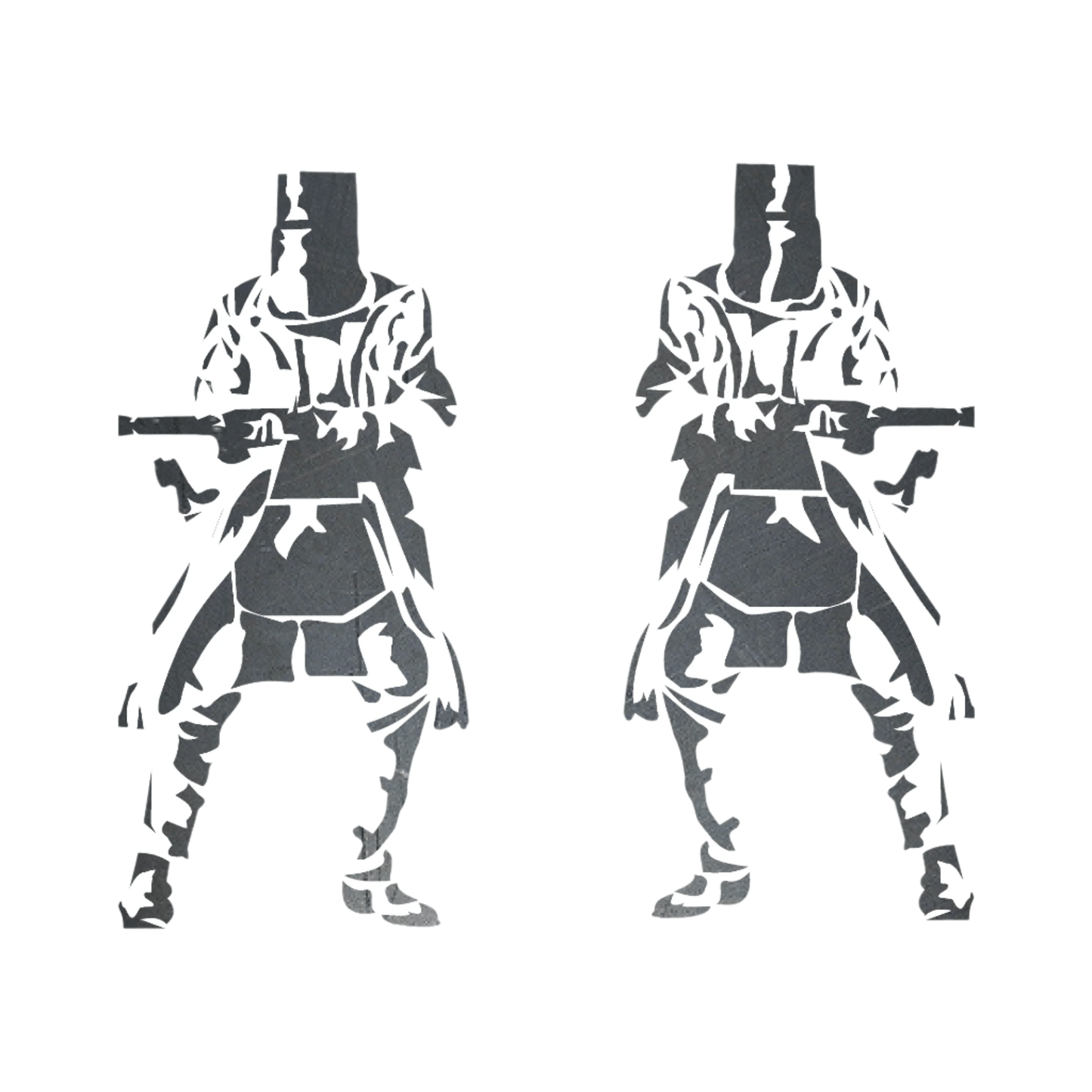 Two Kelly Gang silhouette figures with weapons on a white background