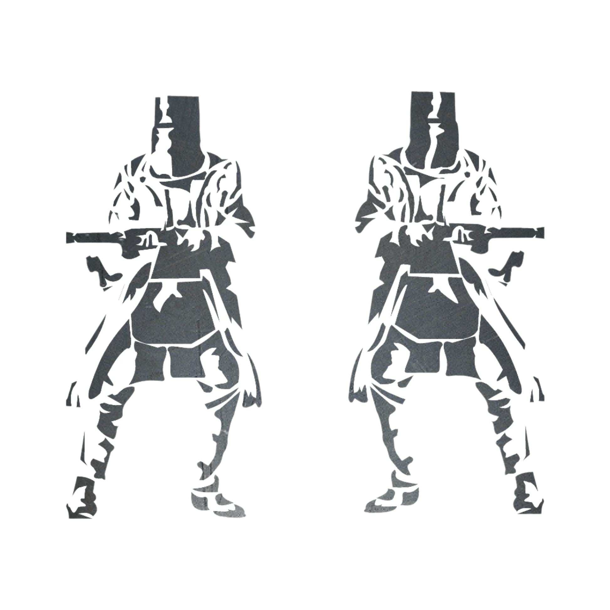 Two Kelly Gang silhouette figures with weapons on a white background