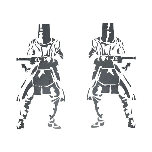 Two Kelly Gang silhouette figures with weapons on a white background