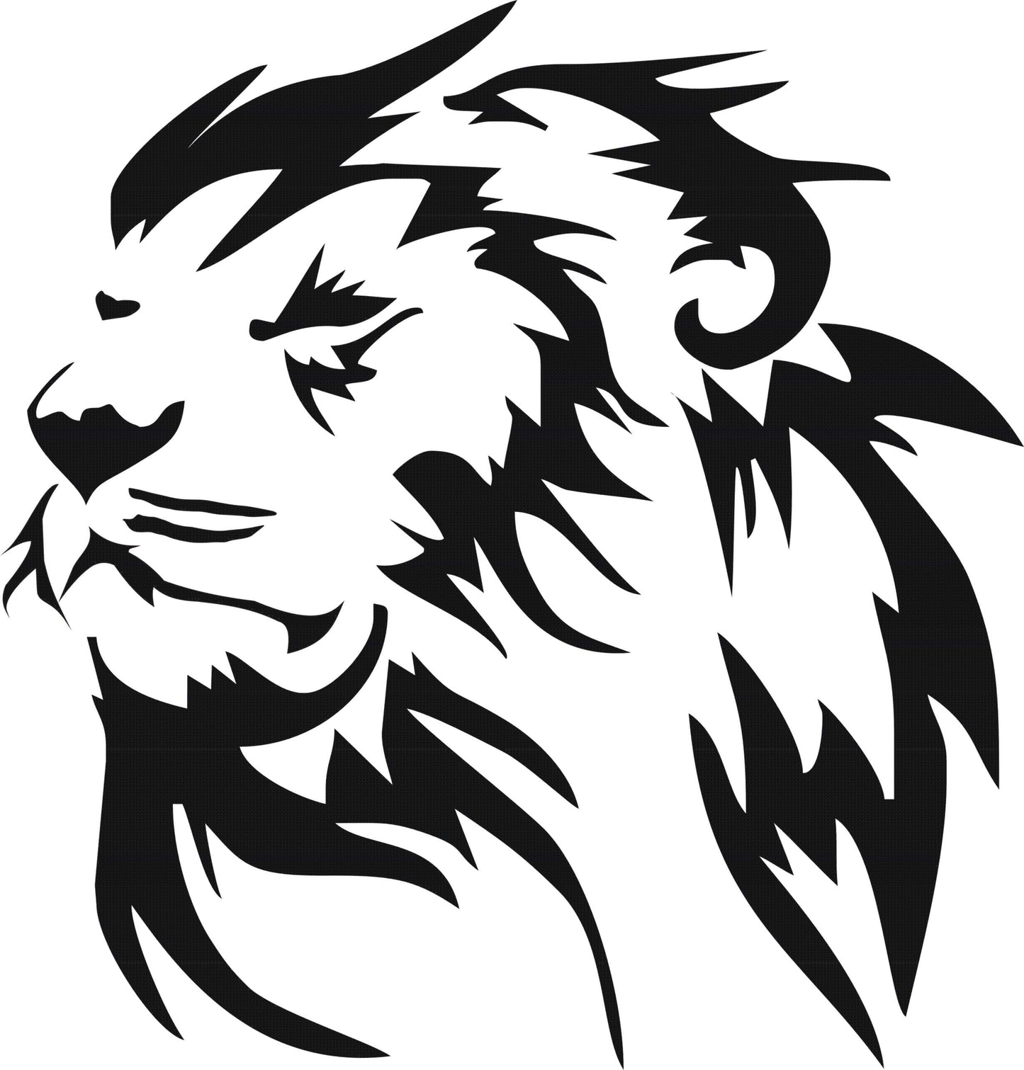 Black tribal lion design on a white background