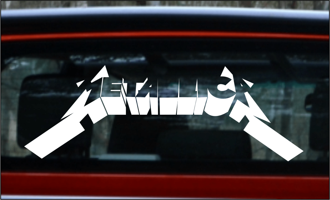 Metallica logo decal on a car window