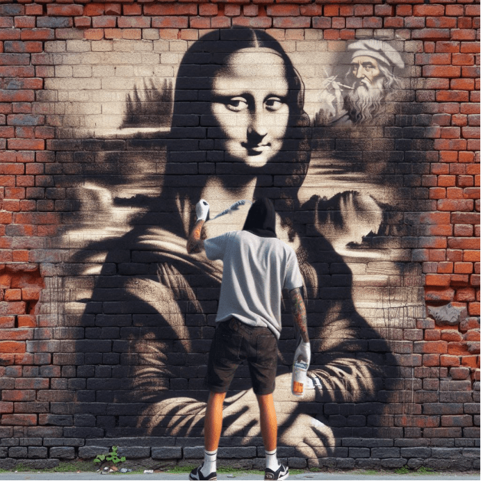 A person is painting a graffiti art of Mona Lisa and Leonardo Da Vinci on a brick wall.