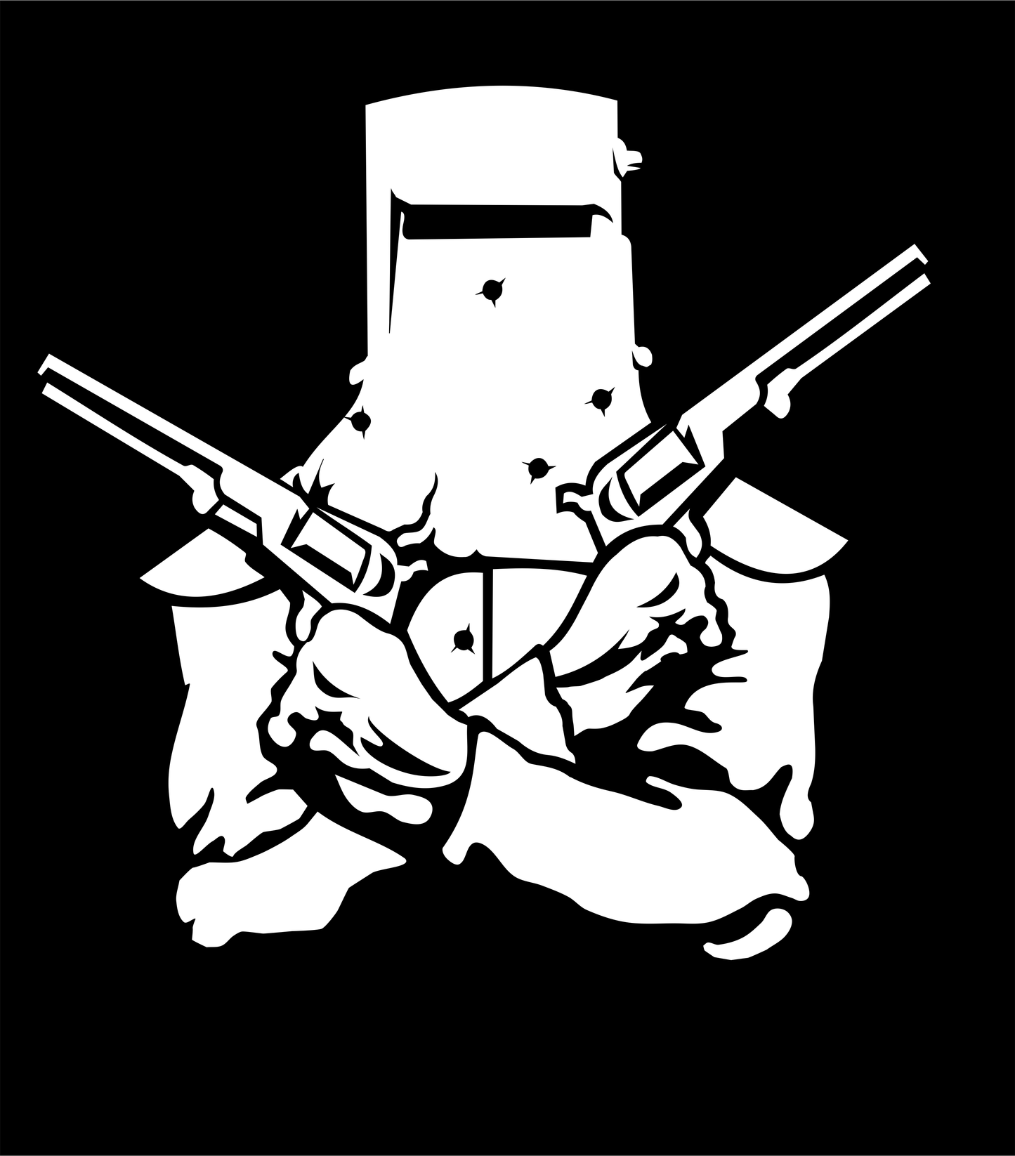 White silhouette of a Ned Kelly with guns and the southern Cross on a black background