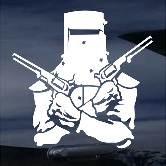 White silhouette of a soldier with rifles on a dark background