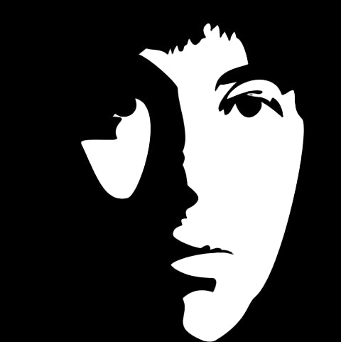 Black and white silhouette of Paul McCartney's face on a black background