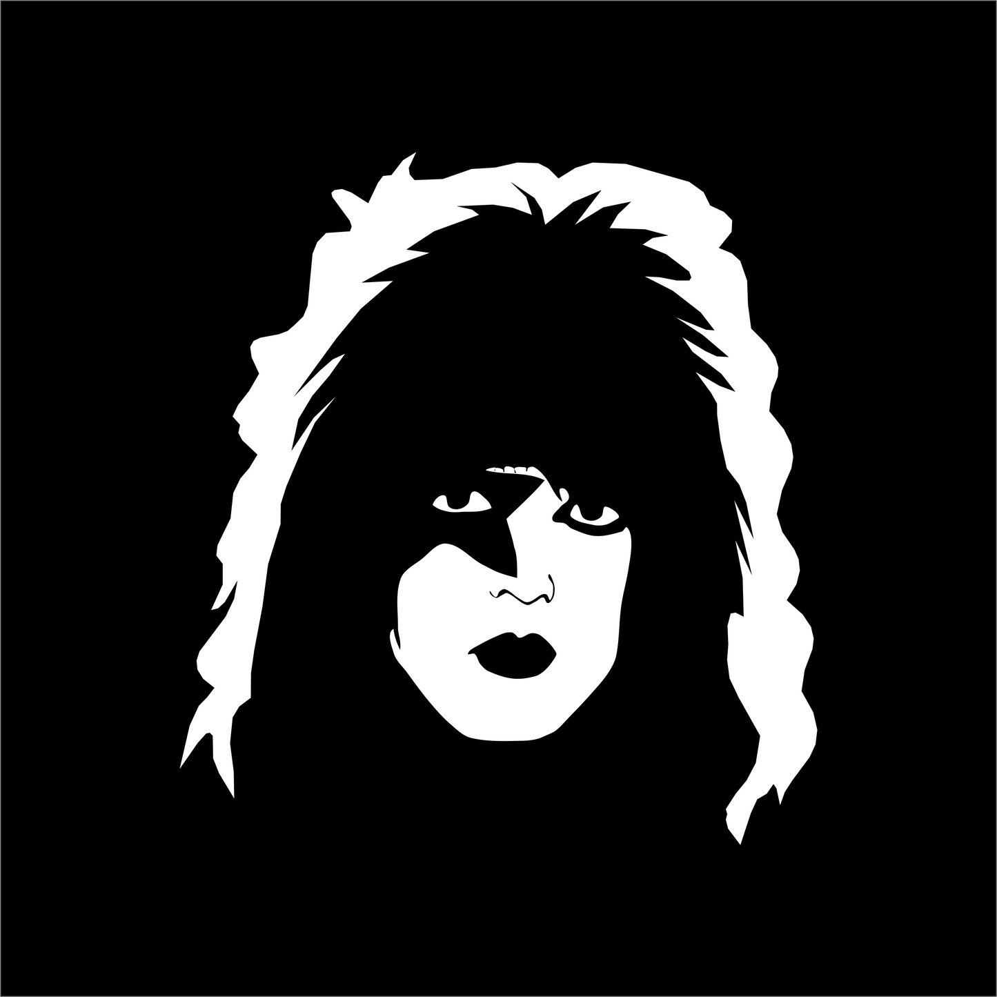 Black and white portrait of Paul Stanley with long hair on a black background