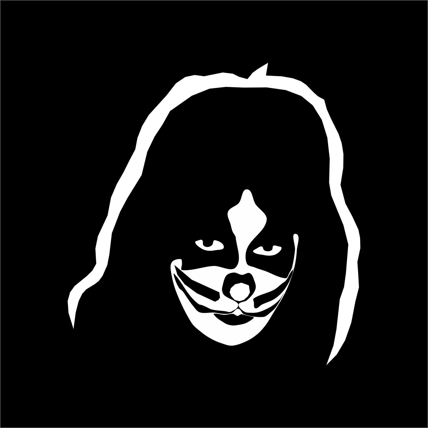 White Peter Criss face with long hair on a black background