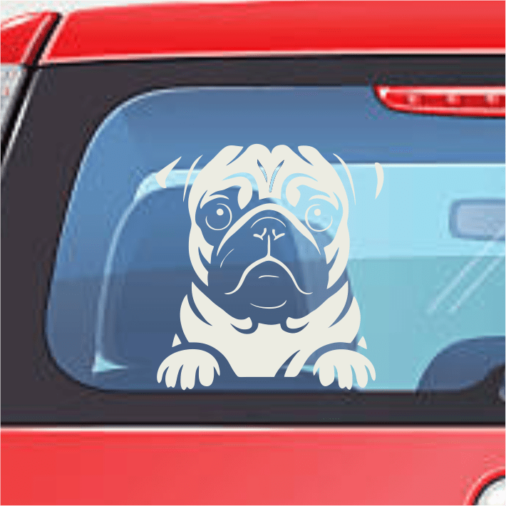 Pug dog decal on a car window