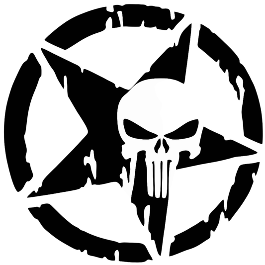 Black and white Punisher logo with skull and star design on a white background