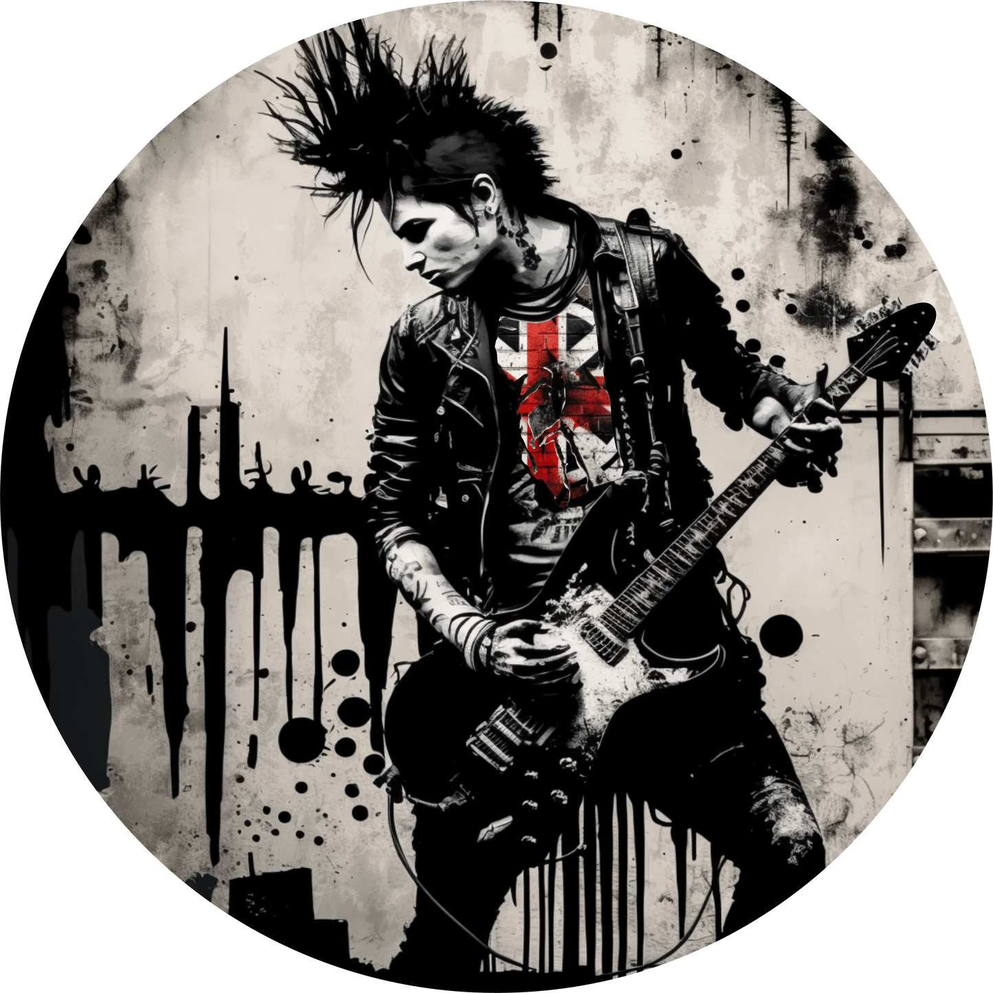 A graphic tee with an image of a punk rock guitarist shredding on stage