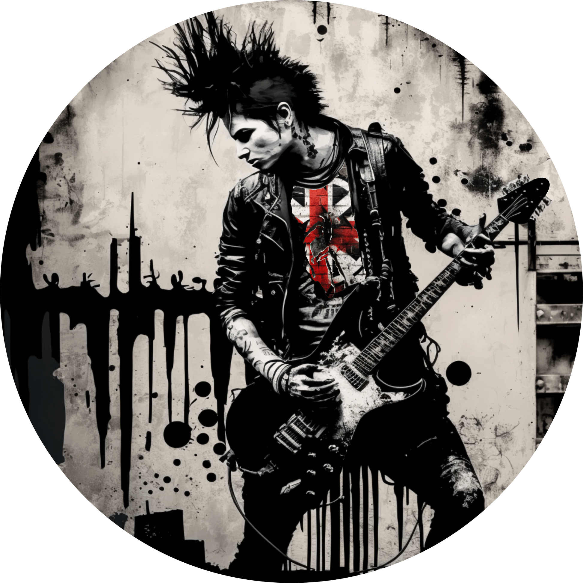 A graphic tee with an image of a punk rock guitarist shredding on stage
