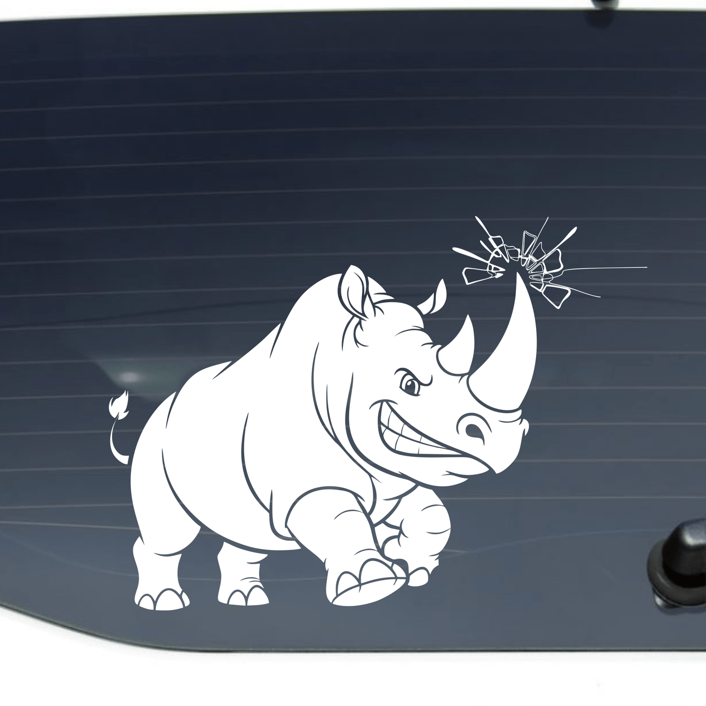 Car with a rhinoceros decal on the back window