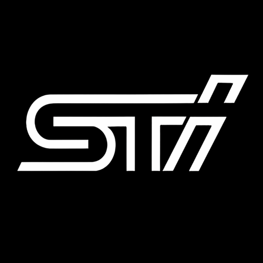 White 'STI' logo on a black background