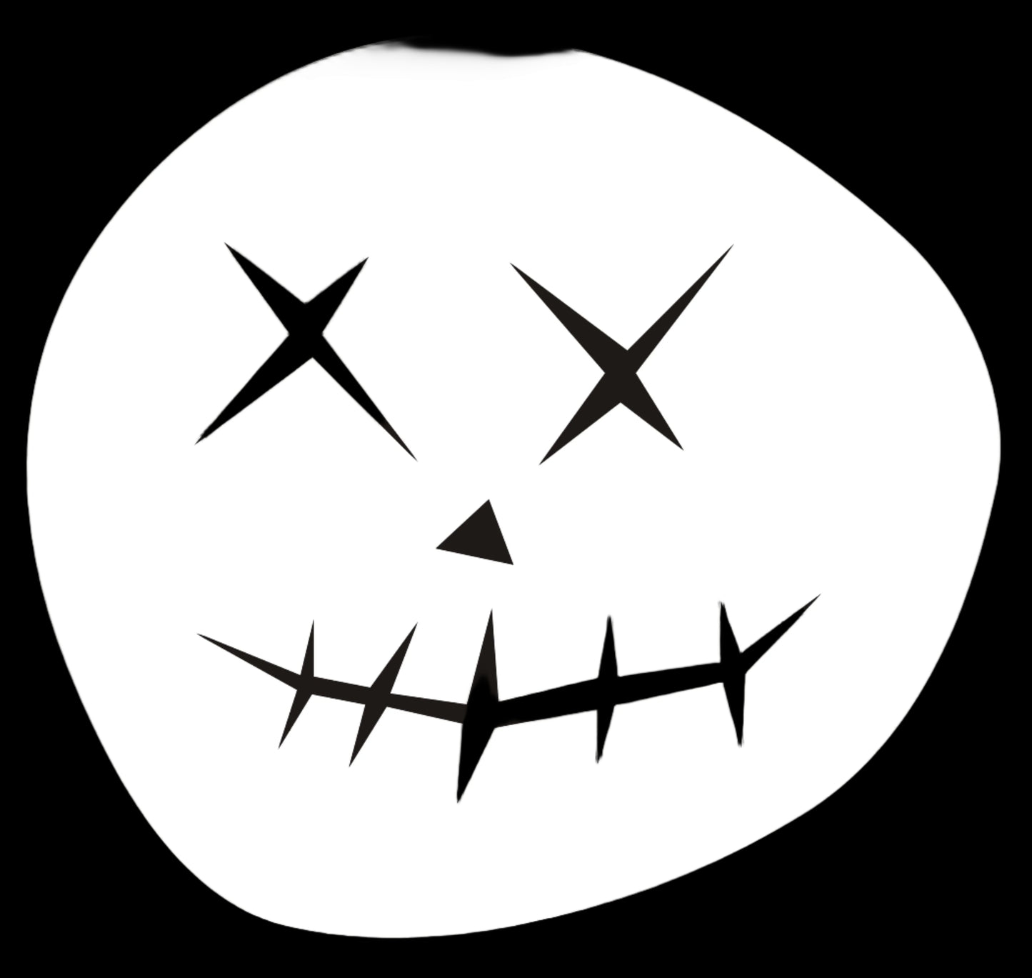 Black and white pumpkin face design on a black background