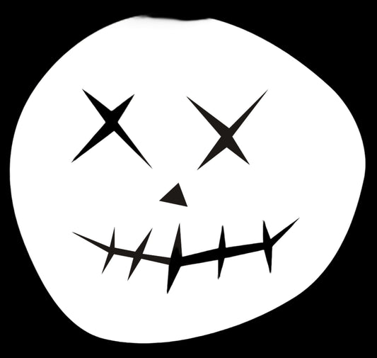 Black and white pumpkin face design on a black background