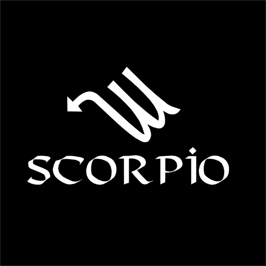 White Scorpio logo on a black background