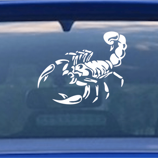 White scorpion decal on a blue car window