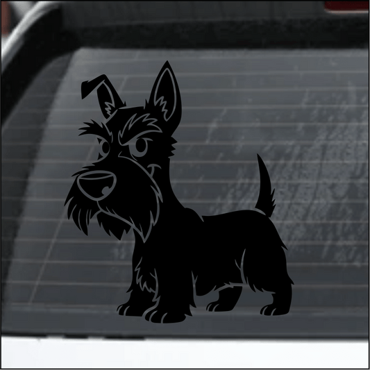 Black silhouette of a Scottish Terrier dog decal on a car window with a brick wall background