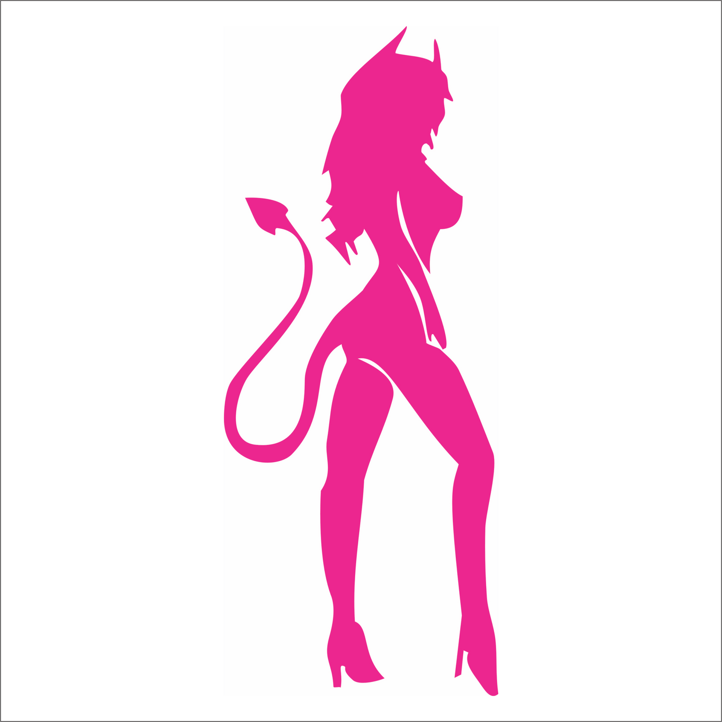 Pink silhouette of a stylized she devil character with a tail on a white background