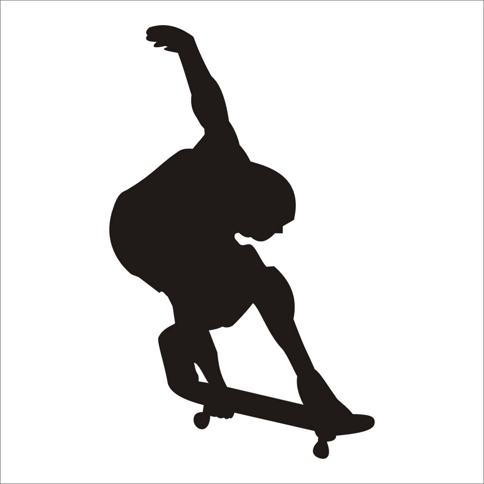 Black silhouette of a person skateboarding on a white background
