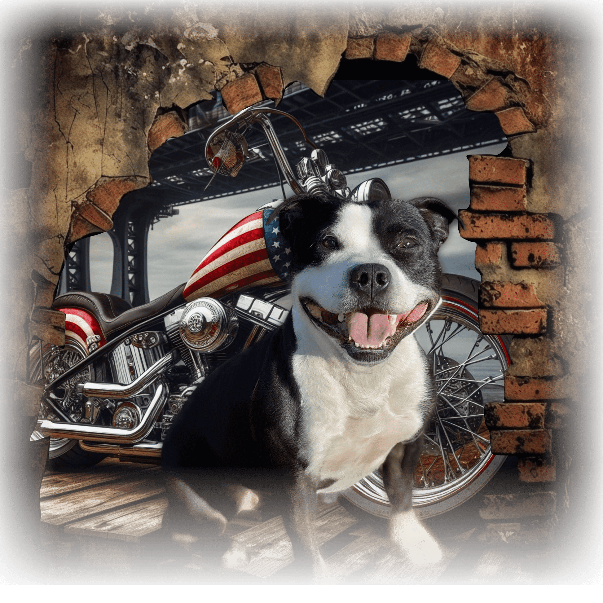 T-shirt with a graphic design featuring a Staffordshire Bull Terrier dog and a Chopper motorcycle.