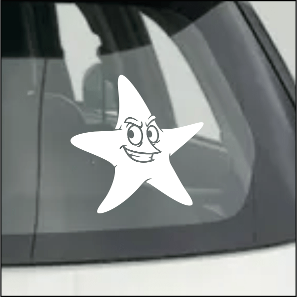White star-shaped Starfish decal with a face on a car window