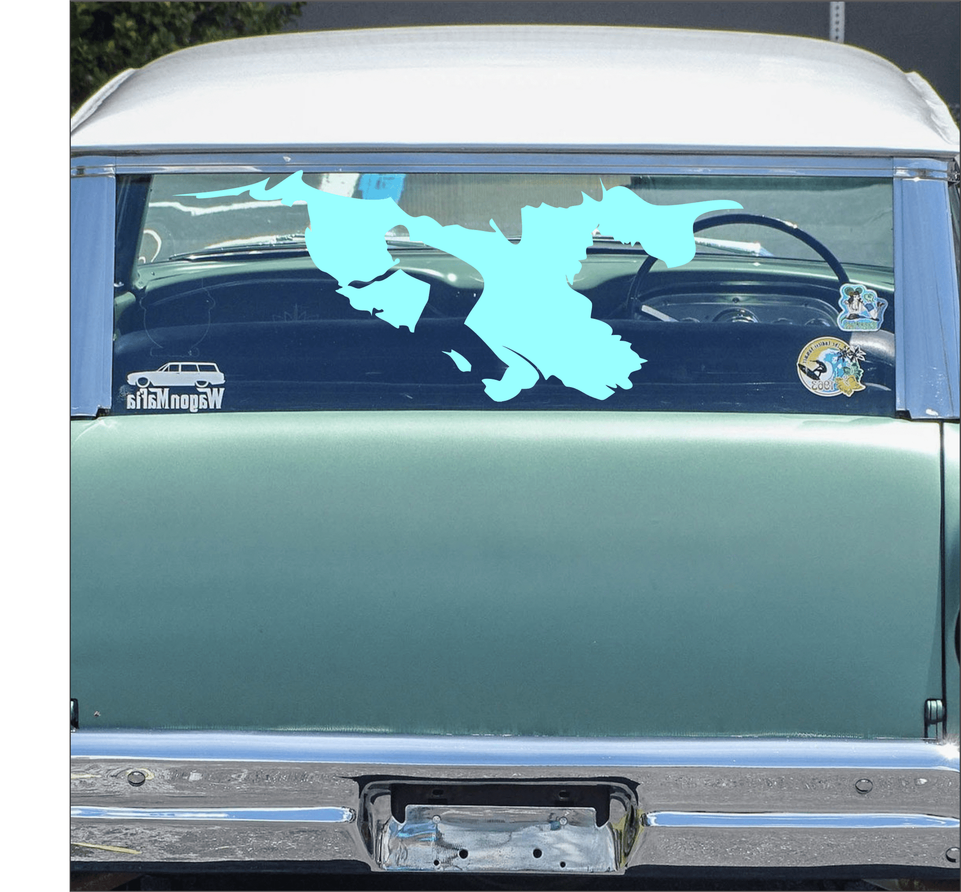 Car window with a blue decal of a surfer with visible stickers on a light blue car.