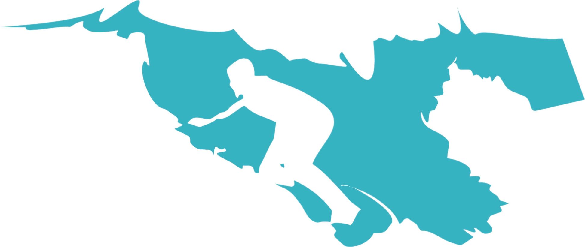 Silhouette of a person wakeboarding on a blue and white background